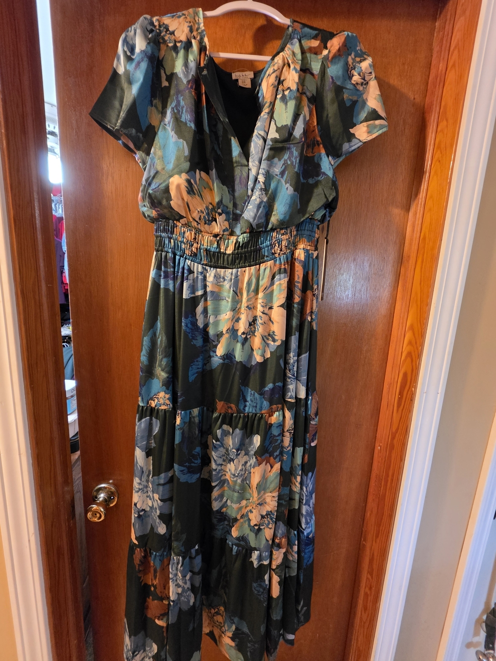 Nicole Miller Dark Green Floral Tiered Maxi Dress
